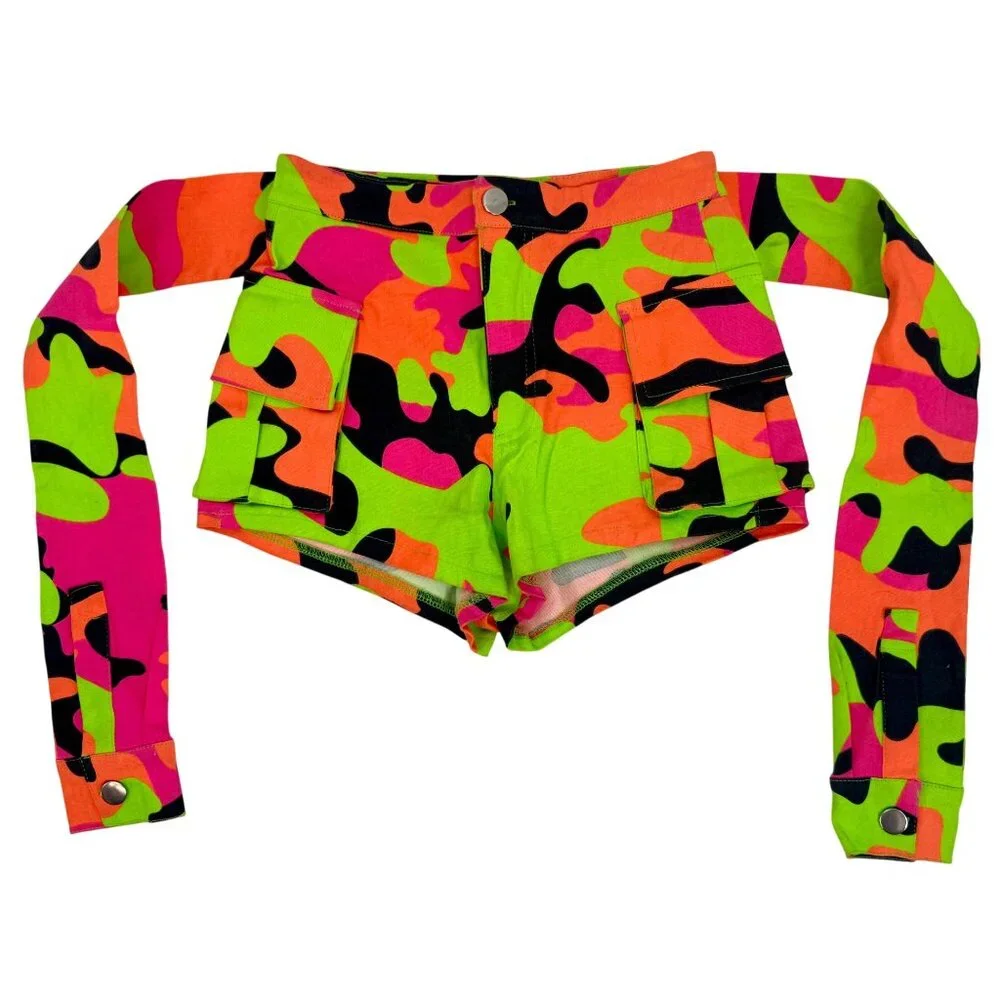 Hot & Delicious Neon Camo Print High-Waisted Festival Shorts w/Belted Design S - Picture 8 of 10